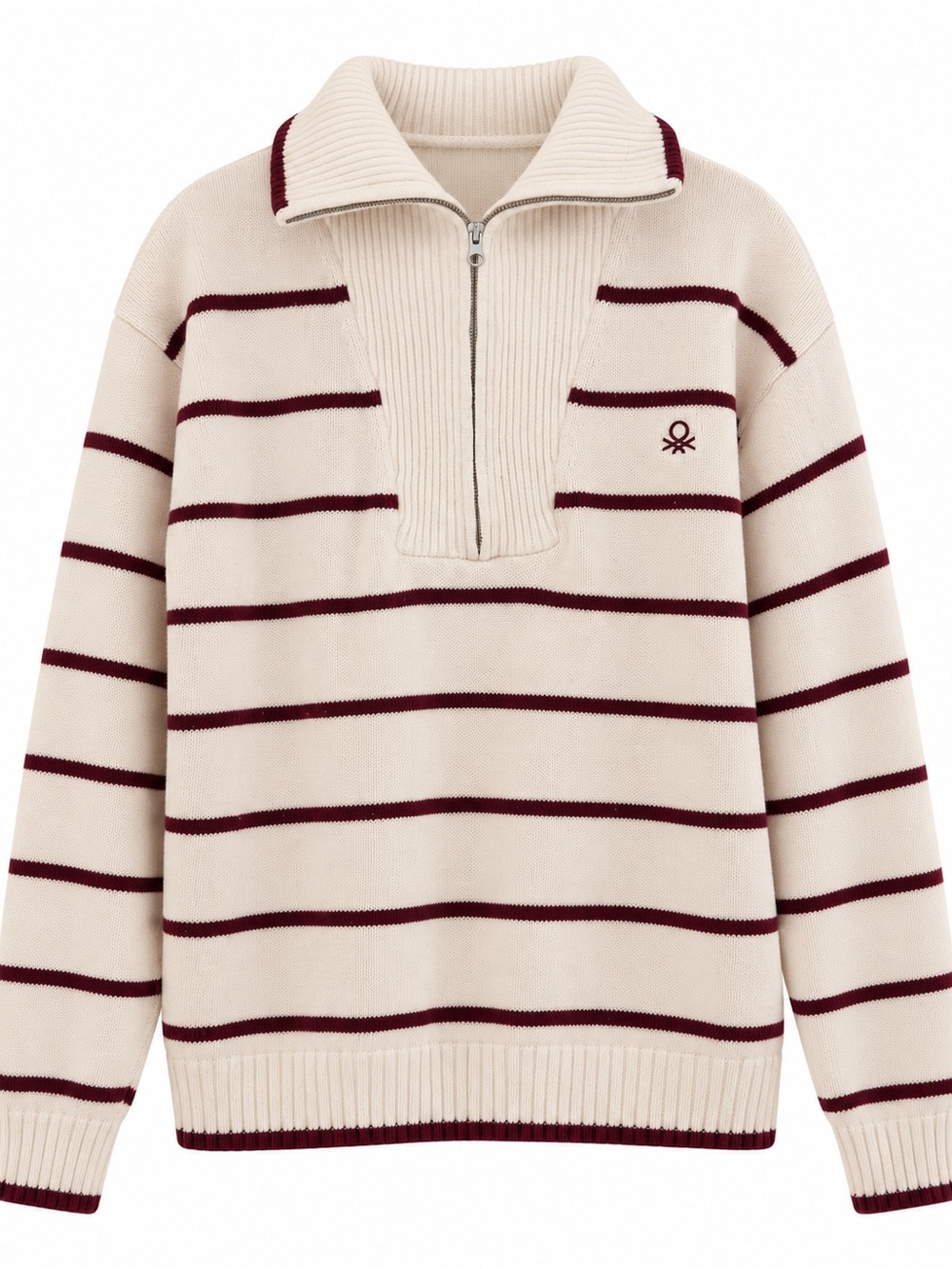 United Colors Of Benetton Cream and Burgundy Half-Zip Striped Sweatshirt